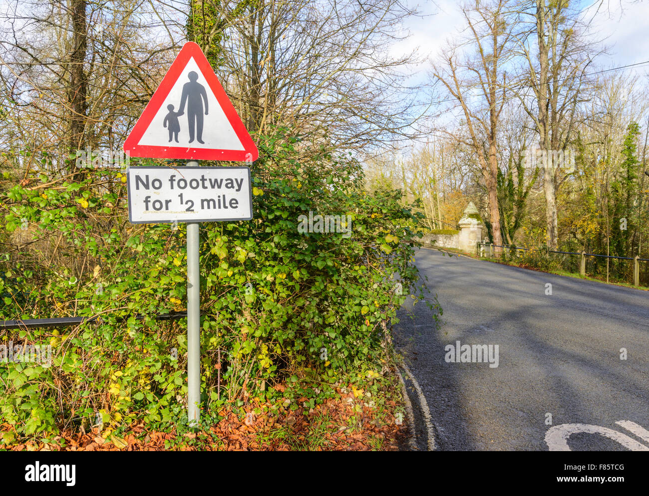 No Footway sign on a country road in the UK. No footpath sign. Stock Photo