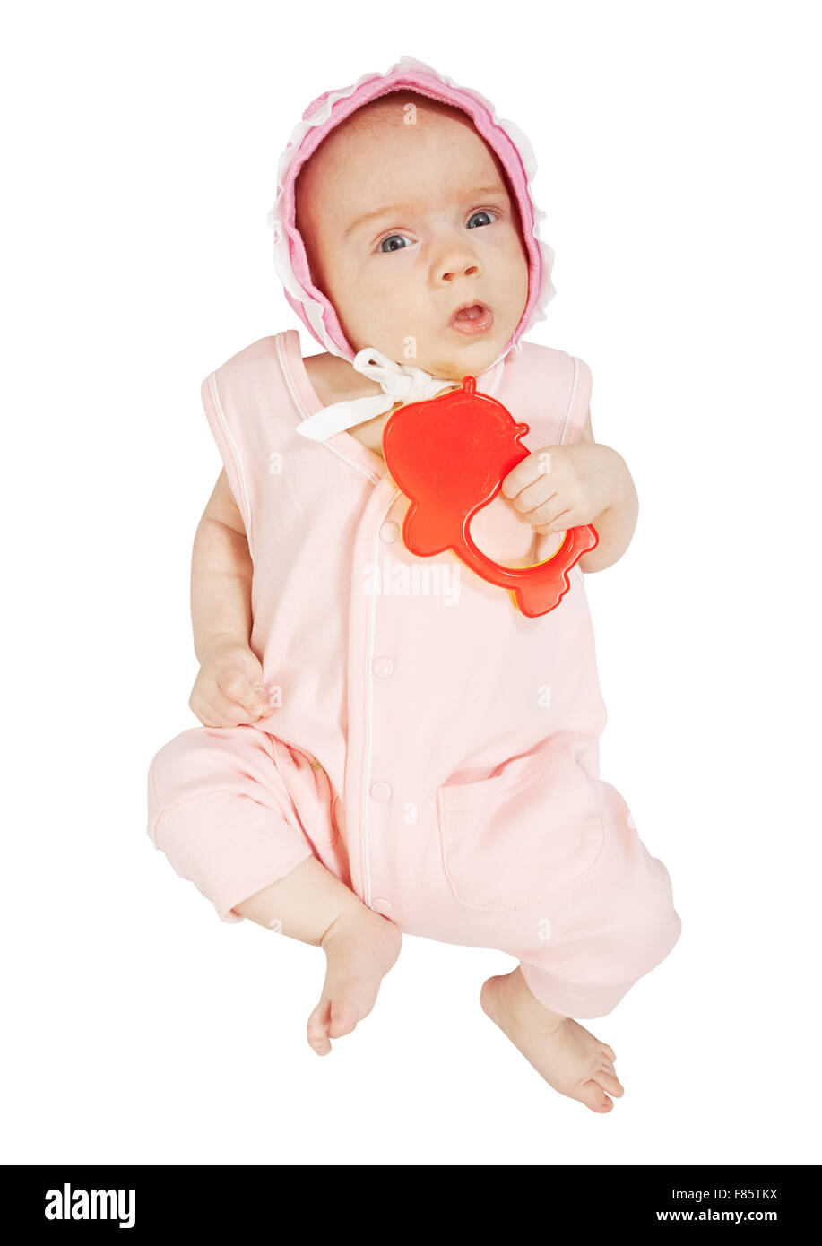 Little baby girl in pink over white background Stock Photo - Alamy