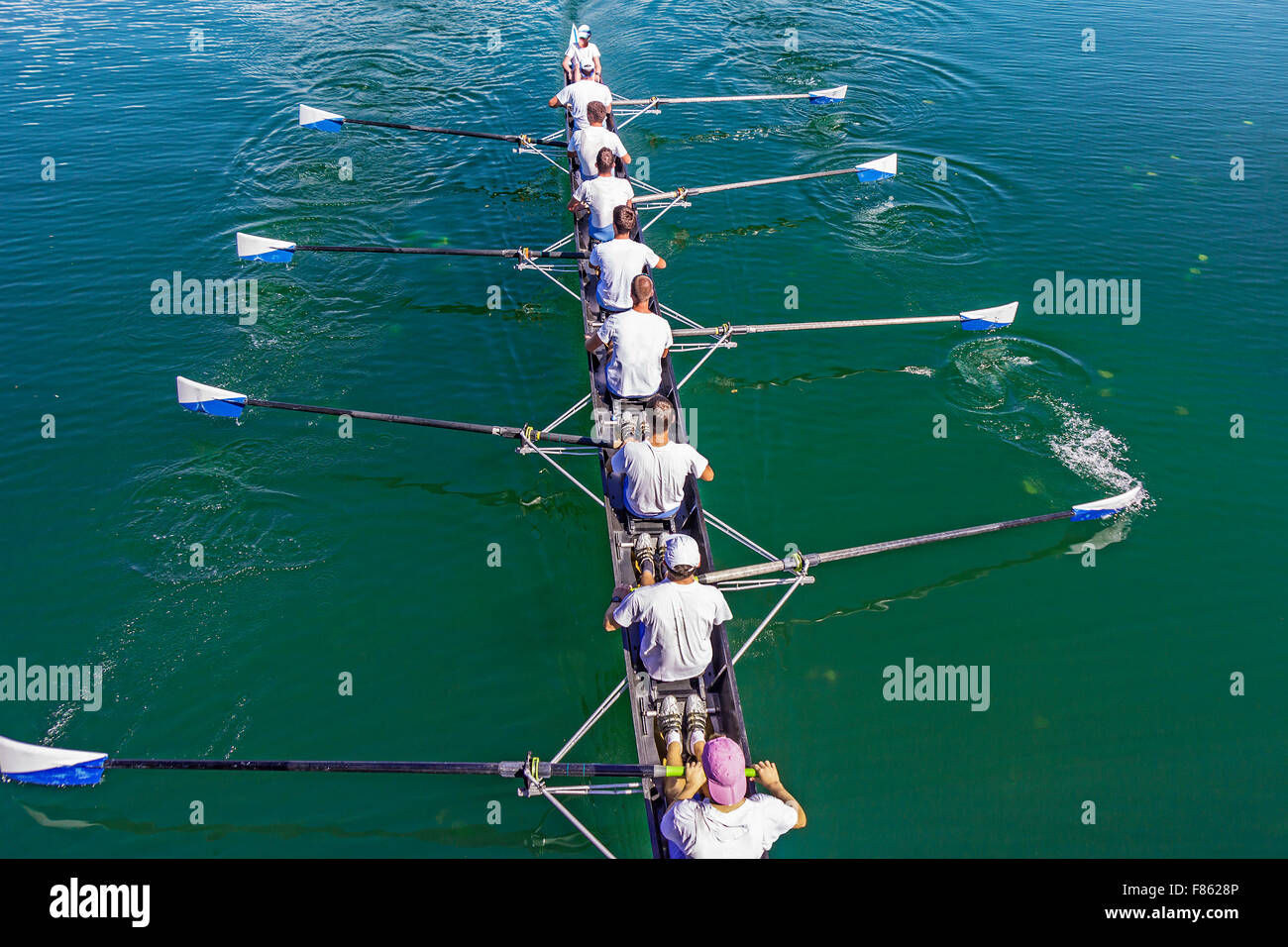 Boat coxed eight Rowers training rowing on the lake Stock Photo Alamy