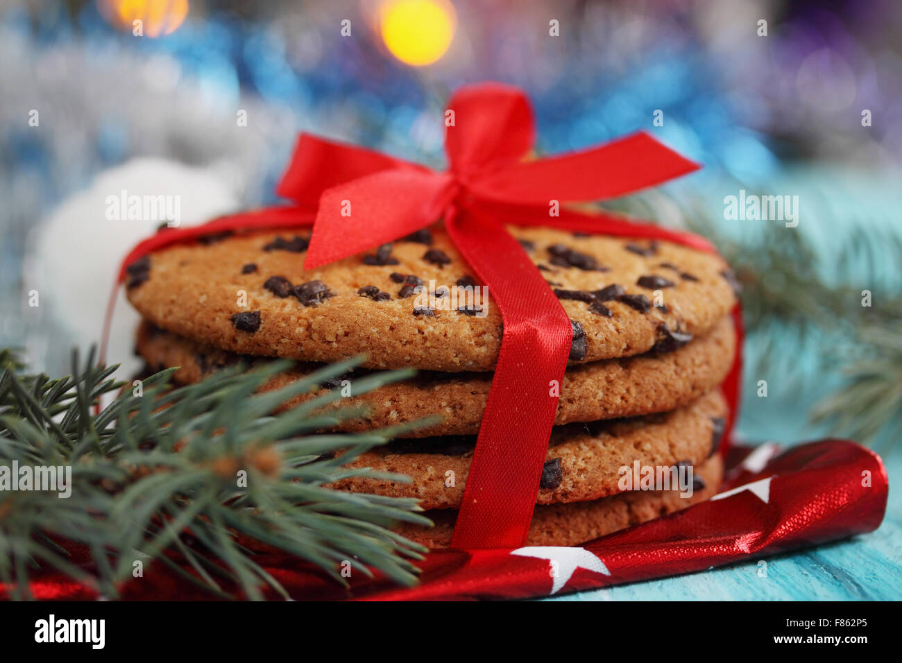 Chocolate cookies tied a red ribbon Stock Photo - Alamy
