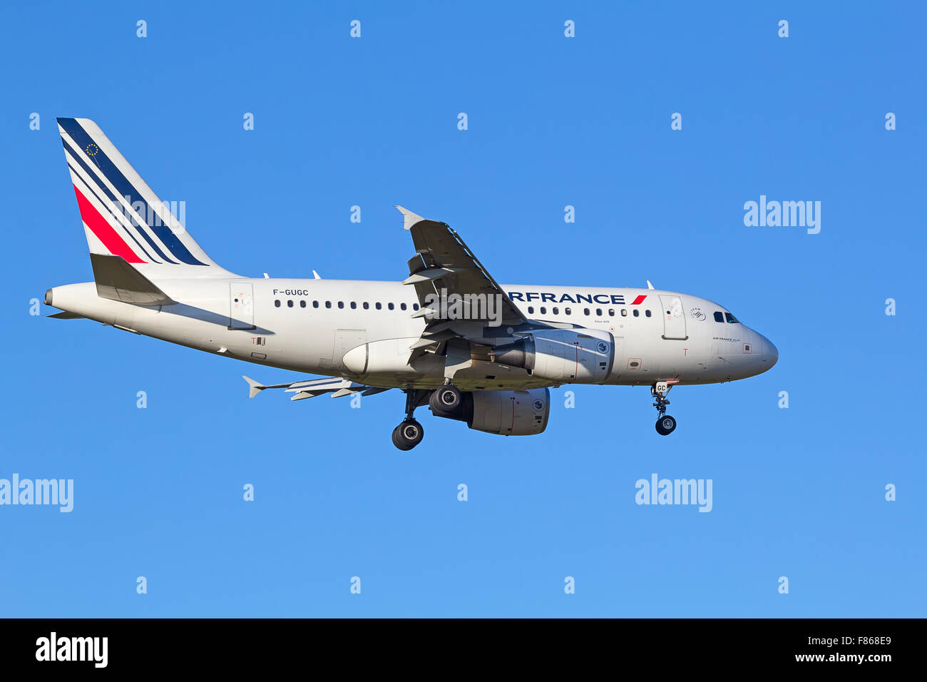 ZURICH - JULY 18: Air France A-318 landing in Zurich airport after short haul flight on July 18, 2015 in Zurich, Switzerland. Zu Stock Photo