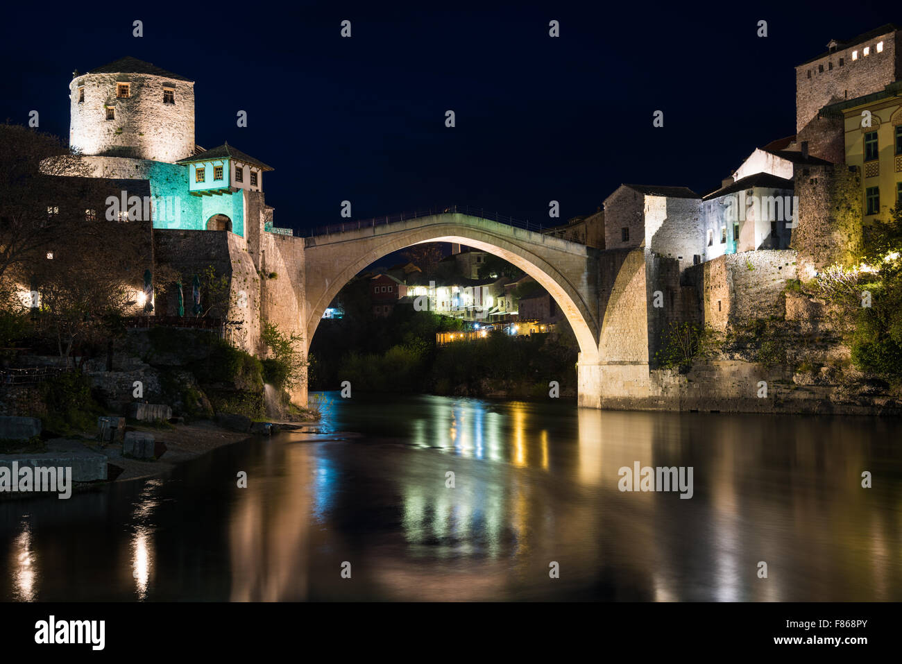 The Old Bridge in Mostar at night, Bosnia and Herzegovina Stock Photo