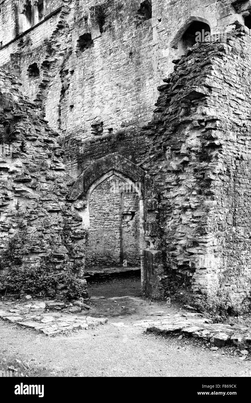Minster Lovell Hall ruins arched doorway. Oxfordshire, England. Monochrome Stock Photo