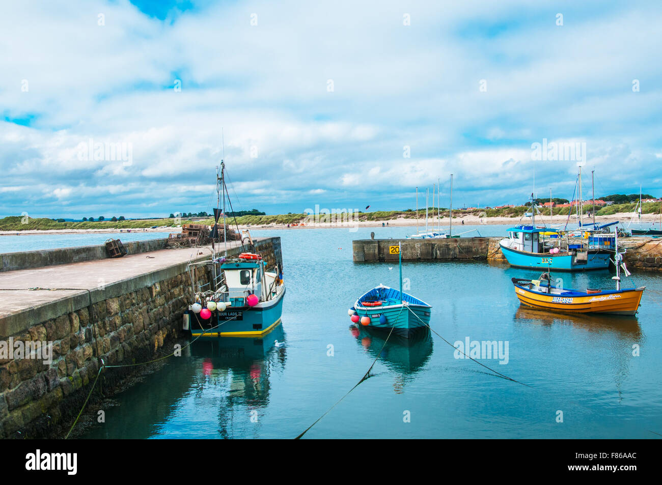 fishing boats all moored up in Beadnell Harbor  in safety  Ray Boswell Stock Photo