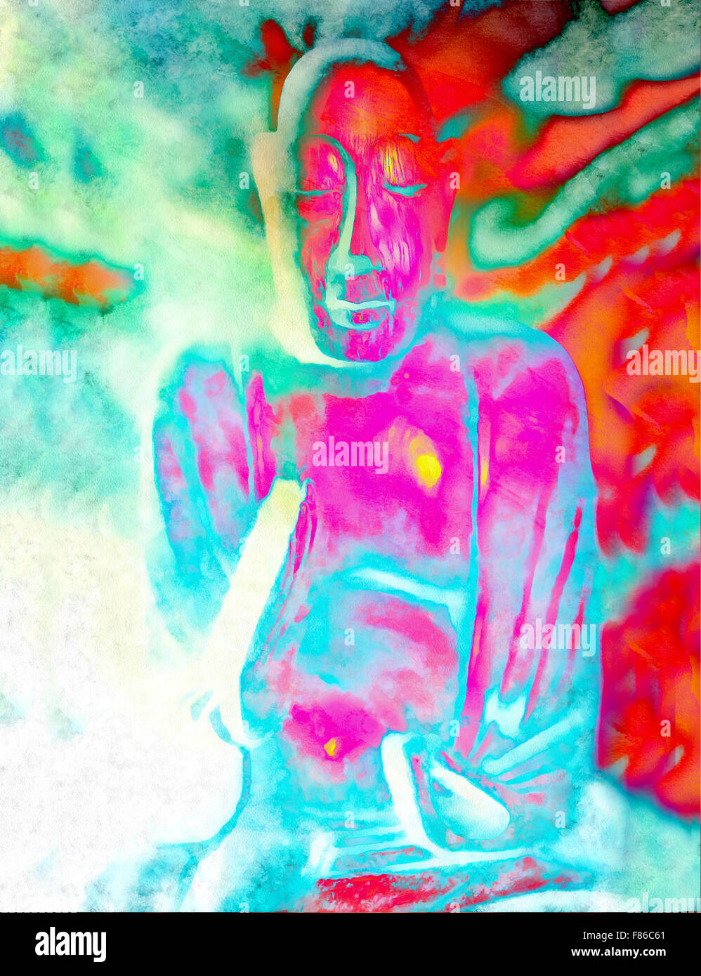 Buddha silhouette in lotus position against colorful grunge background Stock Photo