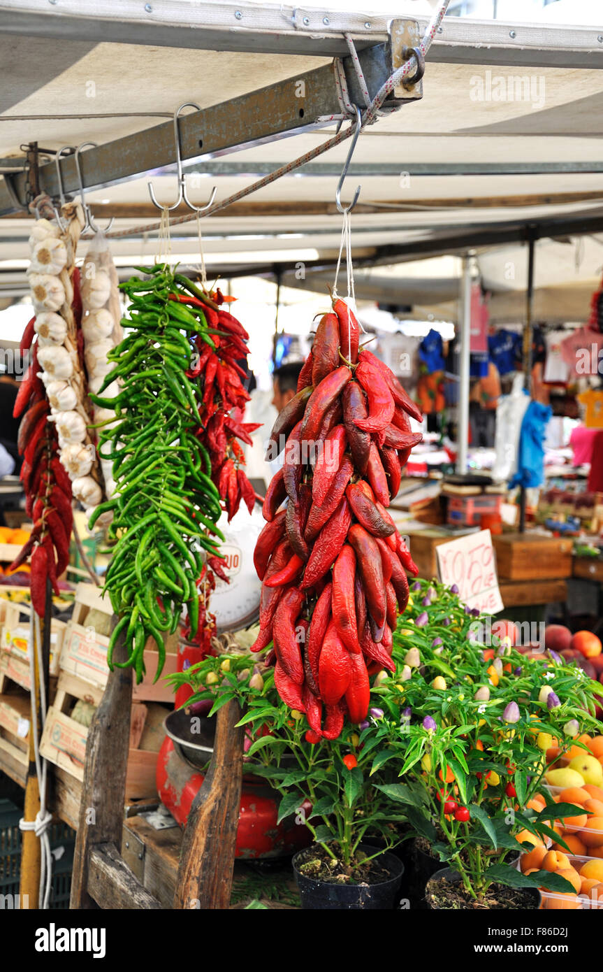 outdoor market Rome Italy hanging peppers Stock Photo - Alamy