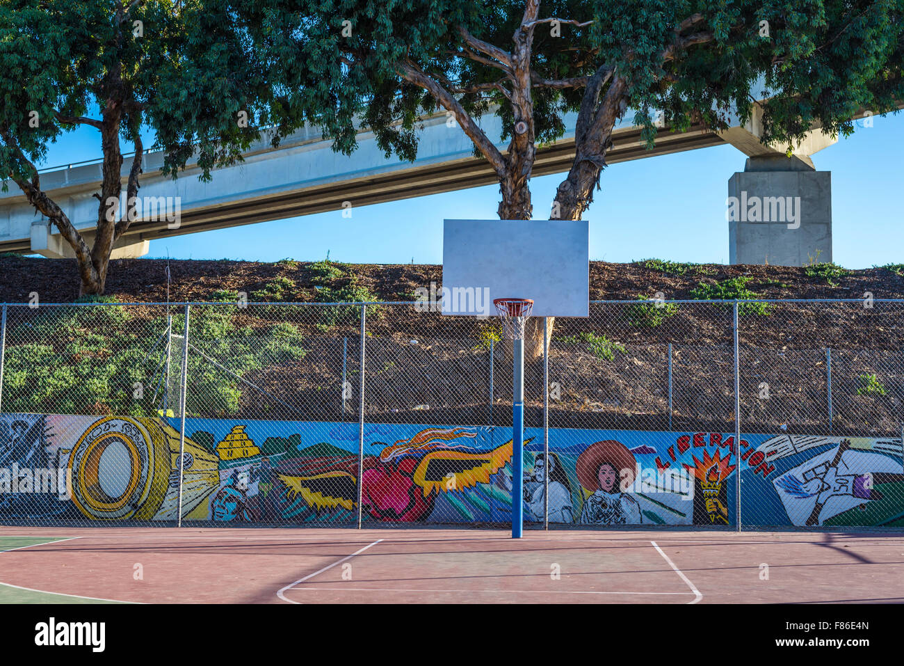 Chicano Park, mural, basketball court,  urban, Barrio Logan. San Diego, California, United States. Stock Photo