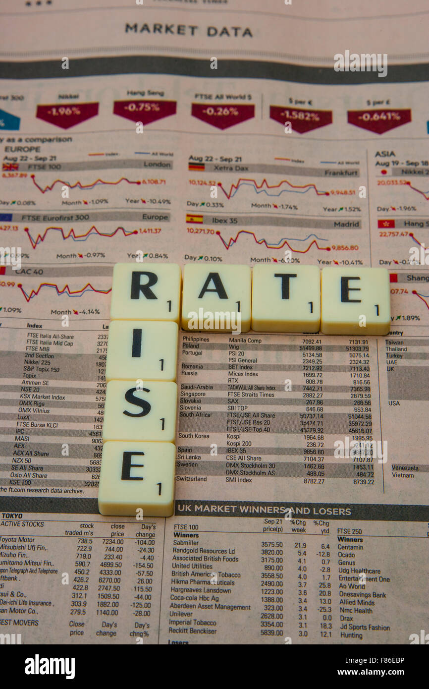 Rate Rise spelt on Financial Times Stock Photo