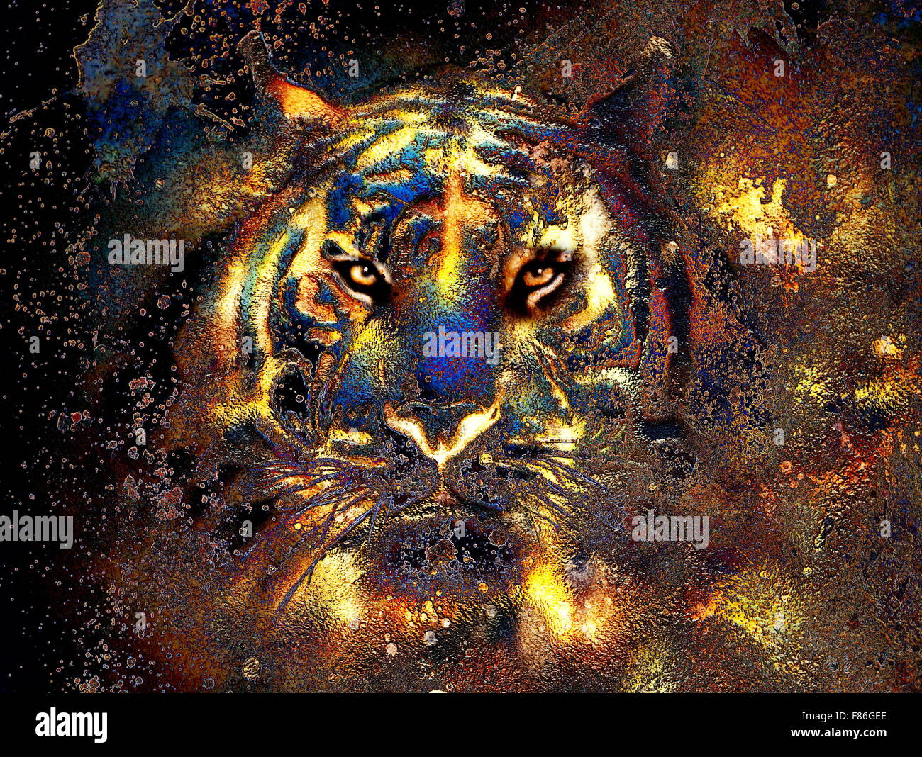 tiger collage on color abstract background, rust structure, wildlife