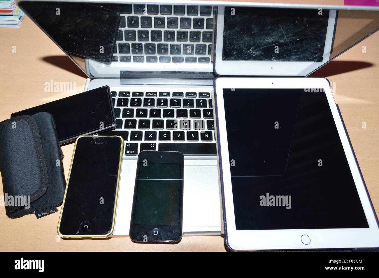 All the digital devices of daily use: Smartphone, ipod, leptop, tablet, PC Stock Photo