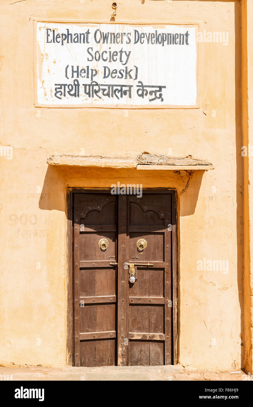 Entrance to the elephant owners development society help desk, Amber Fort, Amber Fort, Jaipur, Rajasthan, India Stock Photo