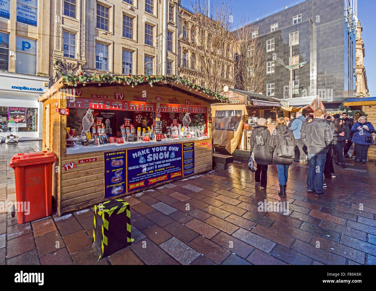 Glasgow Xmas market December 2015 in St. Enoch Square Glasgow Scotland with vendor selling 'make your own snow'. Stock Photo