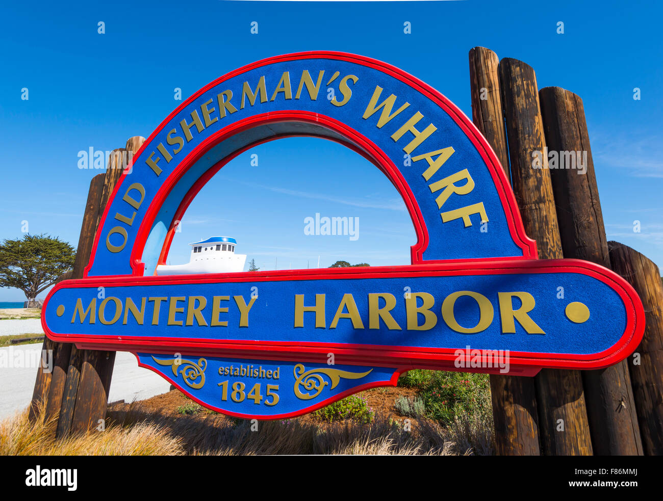 Old Fisherman's Wharf sign. Monterey Harbor, California, United States. Stock Photo