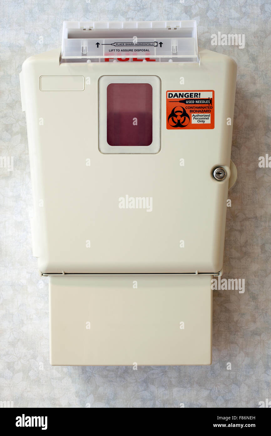 Hospital sharps syringe needle disposal container mounted on a wall
