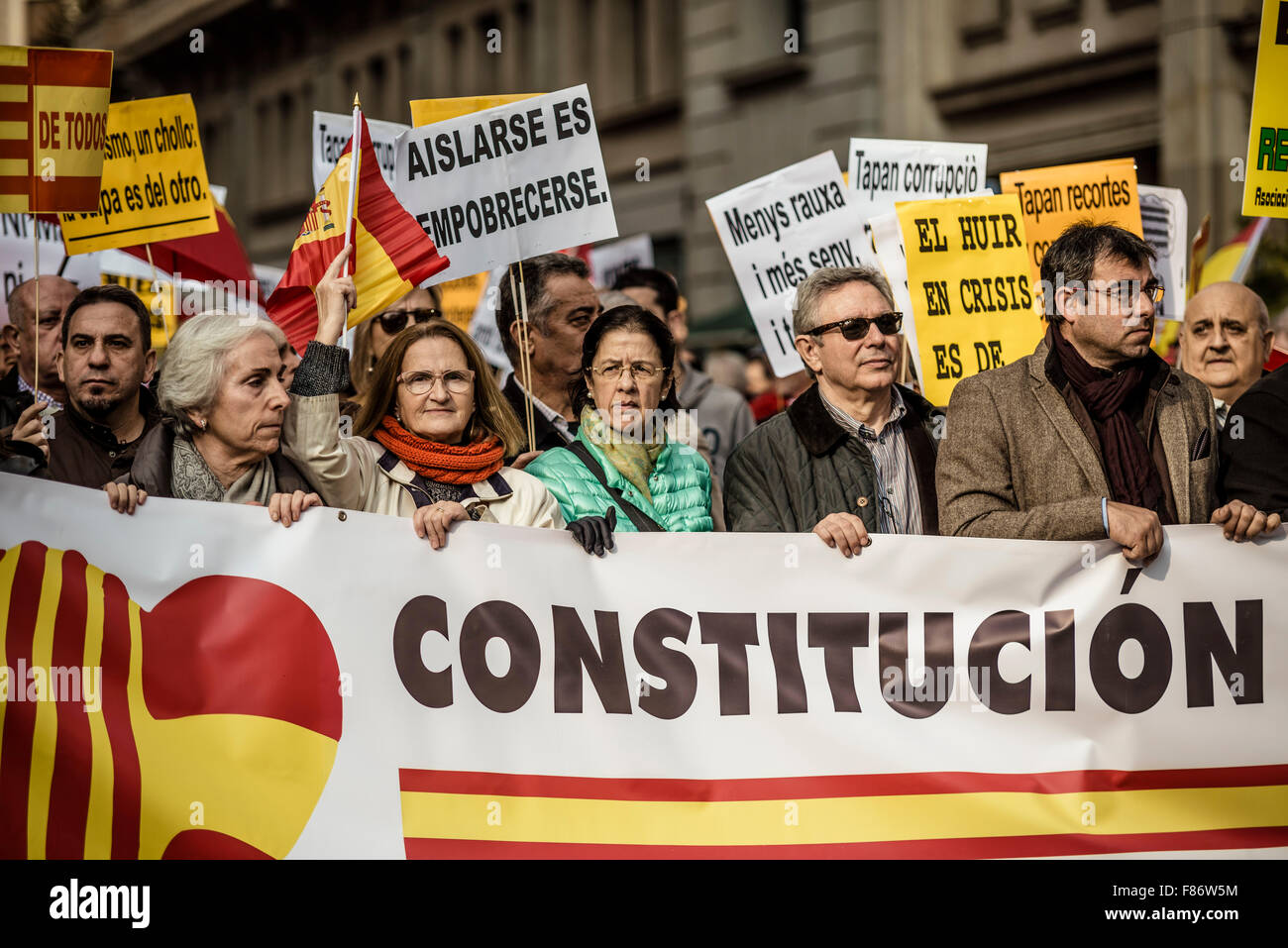 Barcelona, Spain. 06th Dec, 2015. Demonstrators holding placards march behind their banner for the indissoluble unity of the Spanish nation and against a hypothetical independence of Catalonia on the Spanish constitution day. Credit:  matthi/Alamy Live News Stock Photo