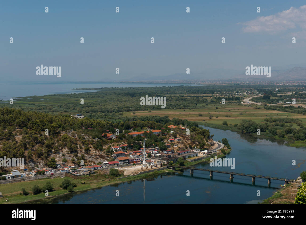 View Of Buma River and Lake Shkodra From Shkodra Castle, Shkodra Stock Photo