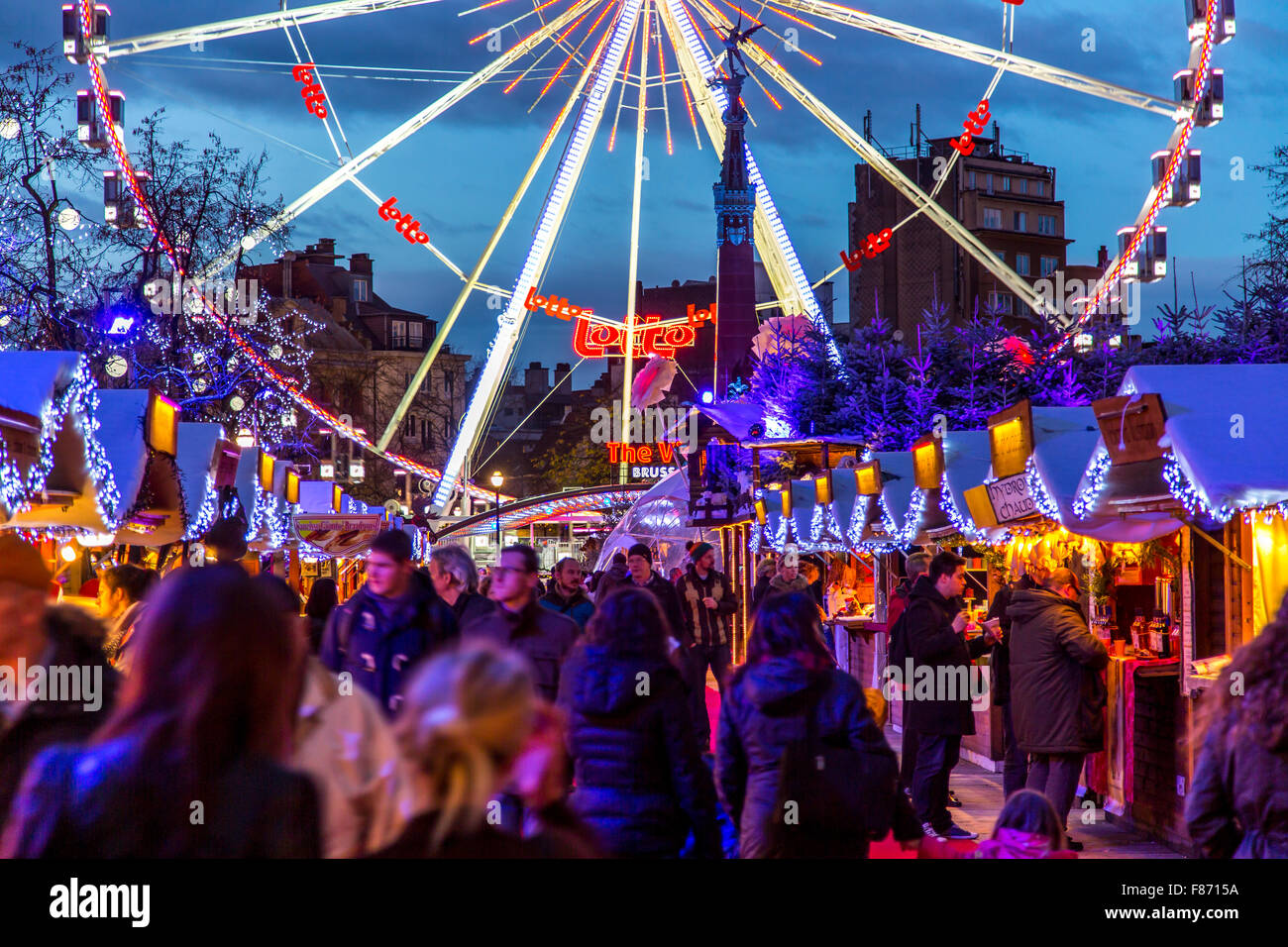 Christmas in Brussels, Belgium, Christmas market on the Fish-Market-Place in the old town, many food and Xmas gift booth Stock Photo