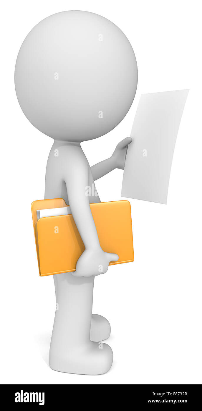 Dude 3D character holding manila folder and reading. Blank Paper for Copy Space. Side view. Stock Photo