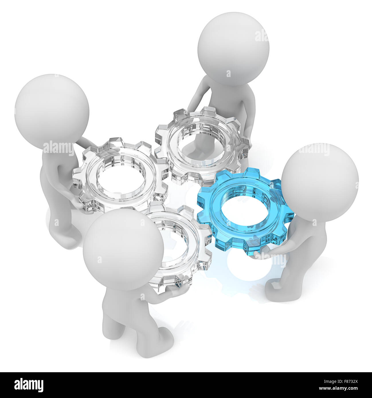 Dude 3D characters X4 holding Cogwheels of Glass. One of Blue Glass. Top view. Stock Photo