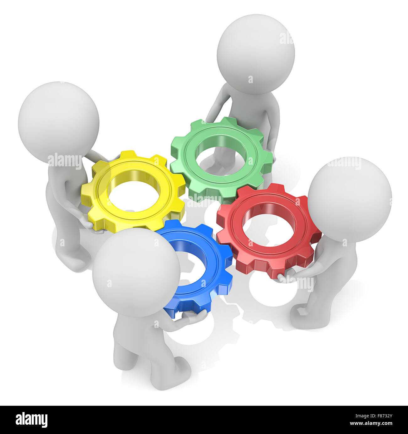 Dude 3D characters X4 holding Cogwheels. Red, Green, Blue and Yellow.Top view. Stock Photo