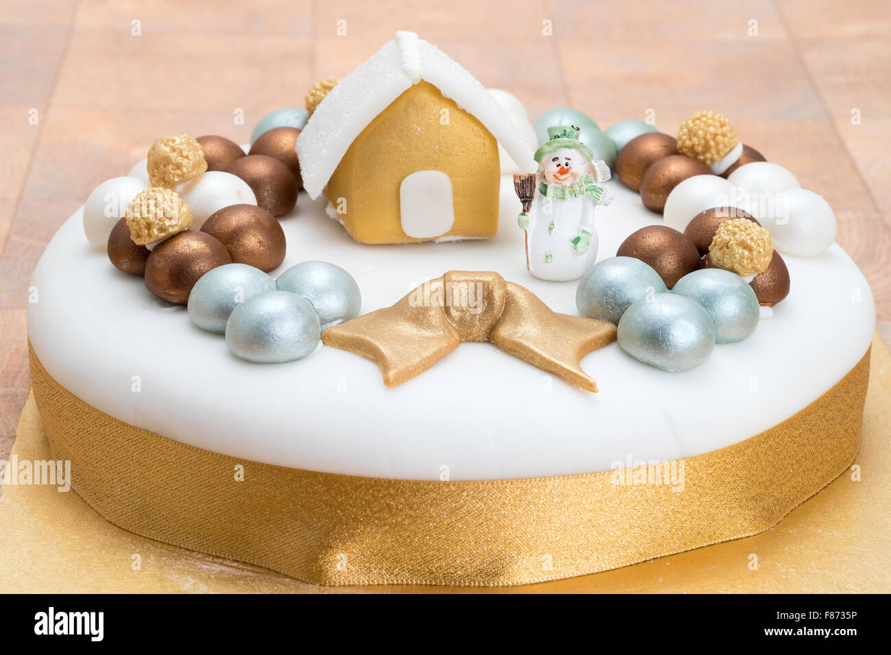 Decorated and iced Christmas fruit cake Stock Photo