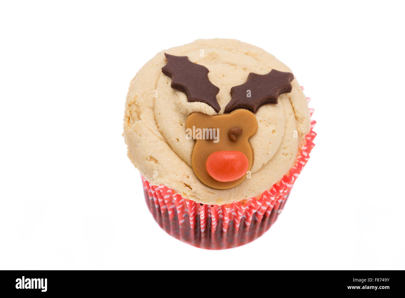 Christmas Rudolph reindeer cupcake - studio shot with a white background Stock Photo