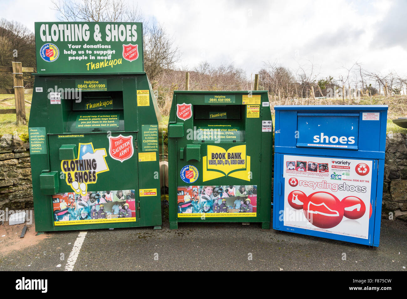 Recycling centre in car park, Eyam, UK Stock Photo