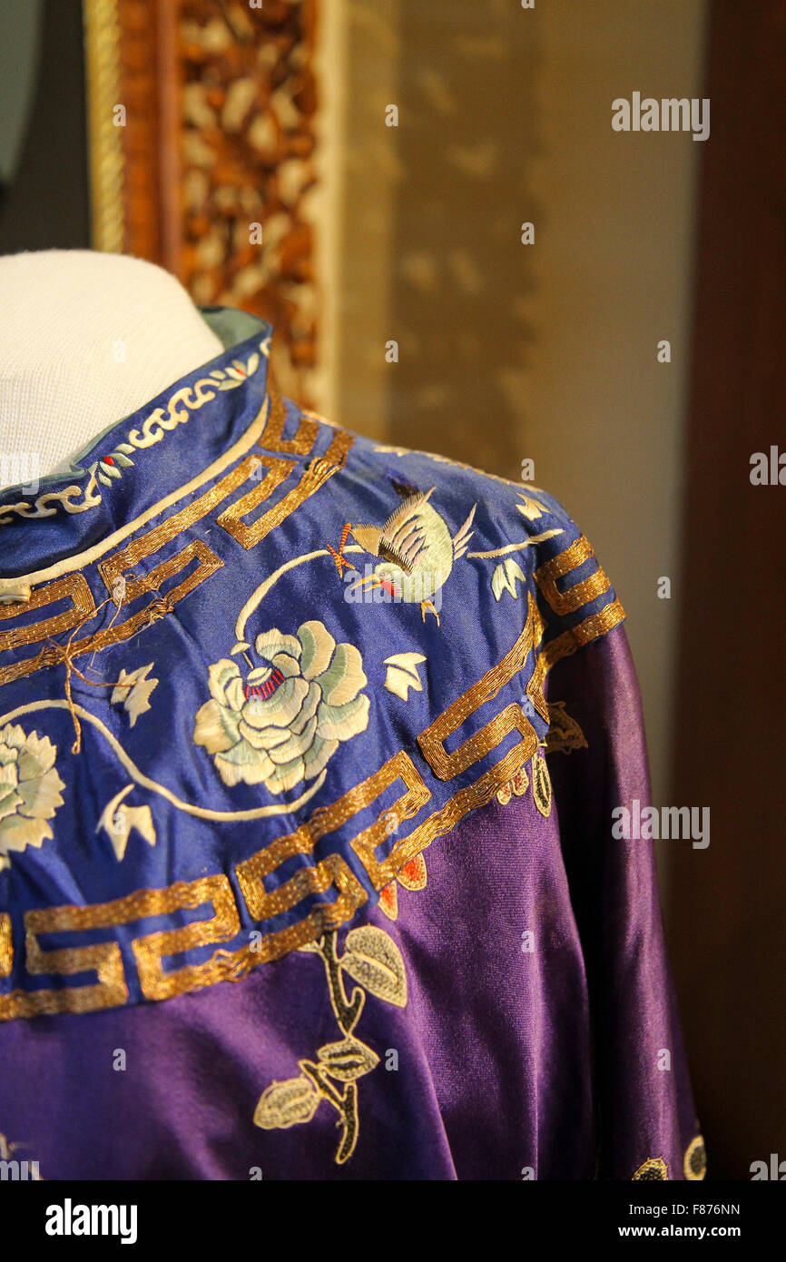 Detail of a Chinese silk robe on display at the Atwood House Museum, Chatham, Massachusetts Stock Photo