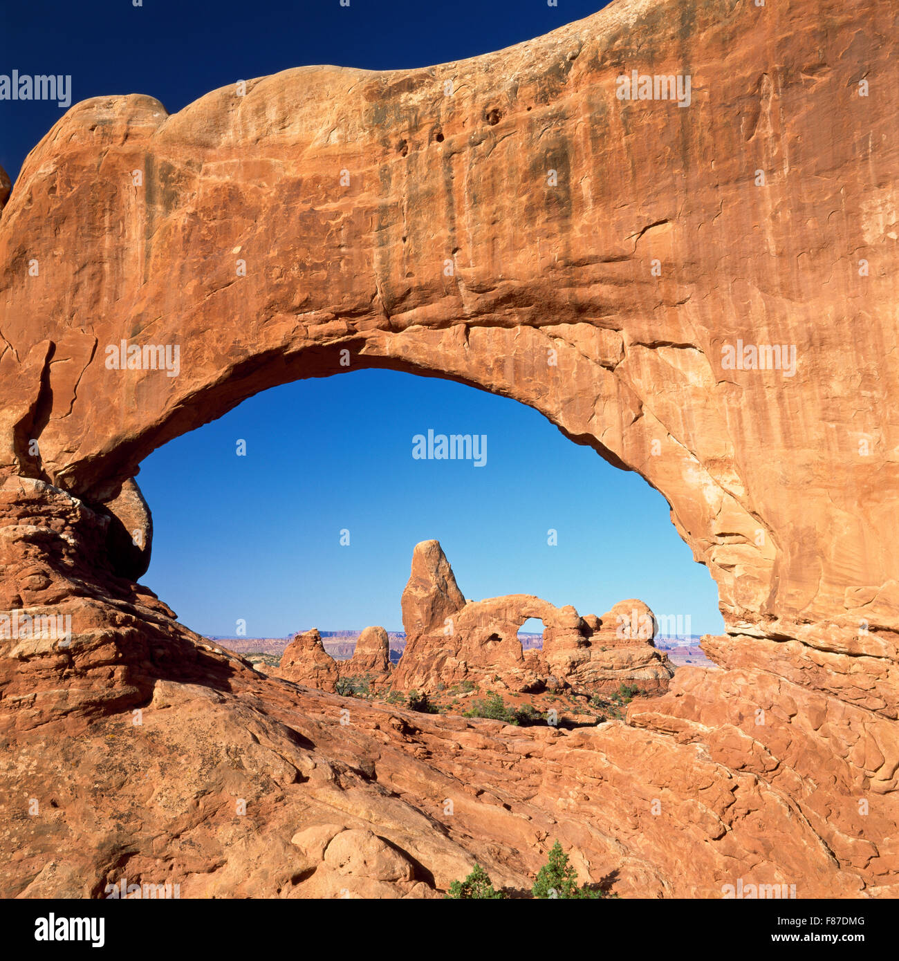 turret arch viewed through north window in arches national park near moab, utah Stock Photo