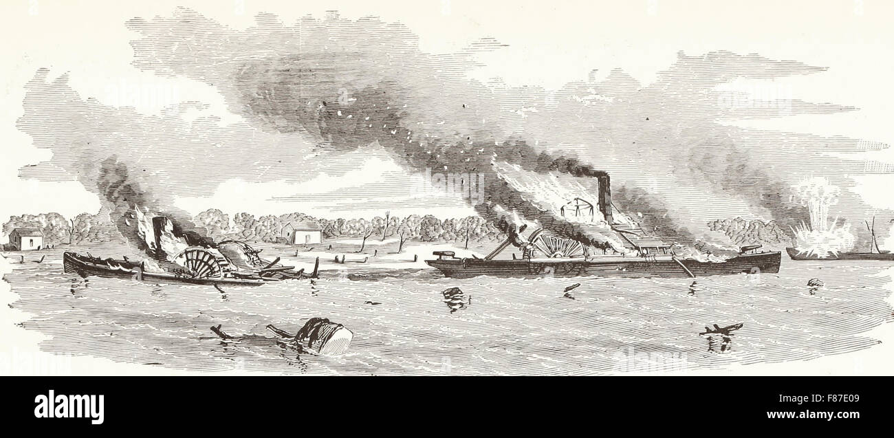 Burning of the Confederate Gunboats, Rams, etc at New Orleans and Algiers on the approach of the Federal Fleet, USA Civil War Stock Photo
