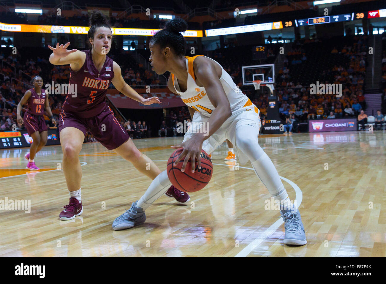 December 6, 2015: Diamond DeShields #11 of the Tennessee Lady Volunteers drives to the basket againt Vanessa Panousis #5 of the Virginia Tech Hokies during the NCAA basketball game between the University of Tennessee Lady Volunteers and the Virginia Tech Hokies at Thompson Boling Arena in Knoxville TN Tim Gangloff/CSM Stock Photo