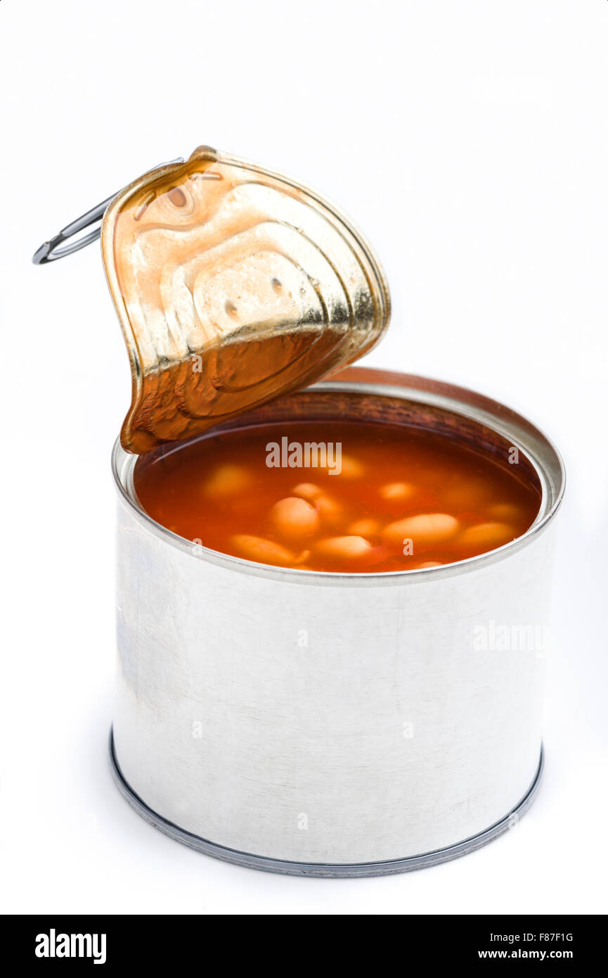Can of opened baked beans. Stock Photo