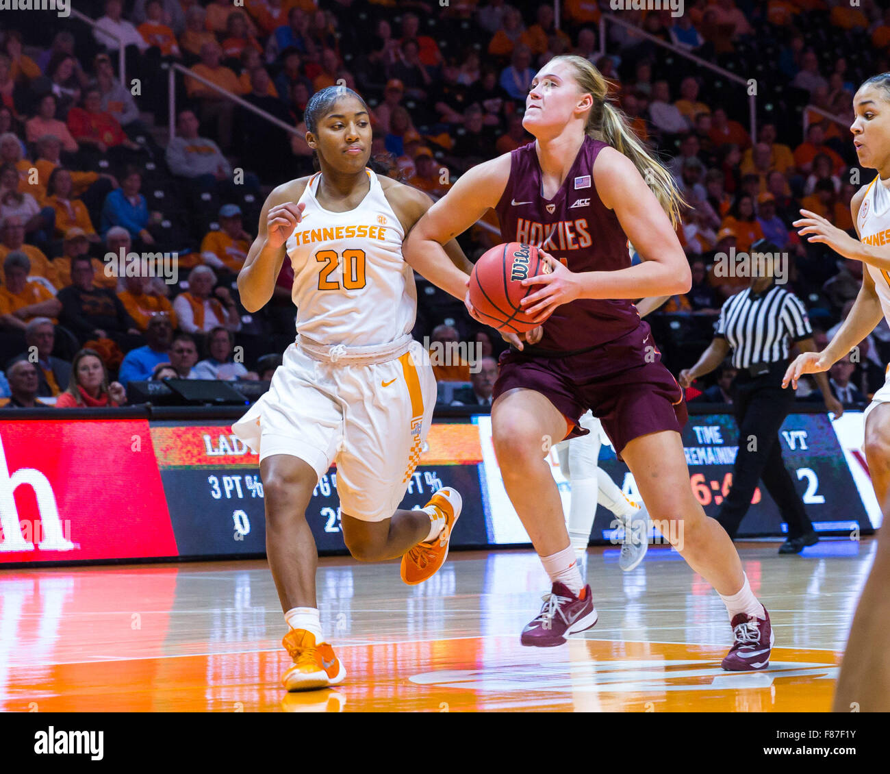 December 6, 2015: Regan Magarity #11 of the Virginia Tech Hokies drives to the basket against Te'a Cooper #20 of the Tennessee Lady Volunteers during the NCAA basketball game between the University of Tennessee Lady Volunteers and the Virginia Tech Hokies at Thompson Boling Arena in Knoxville TN Tim Gangloff/CSM Stock Photo