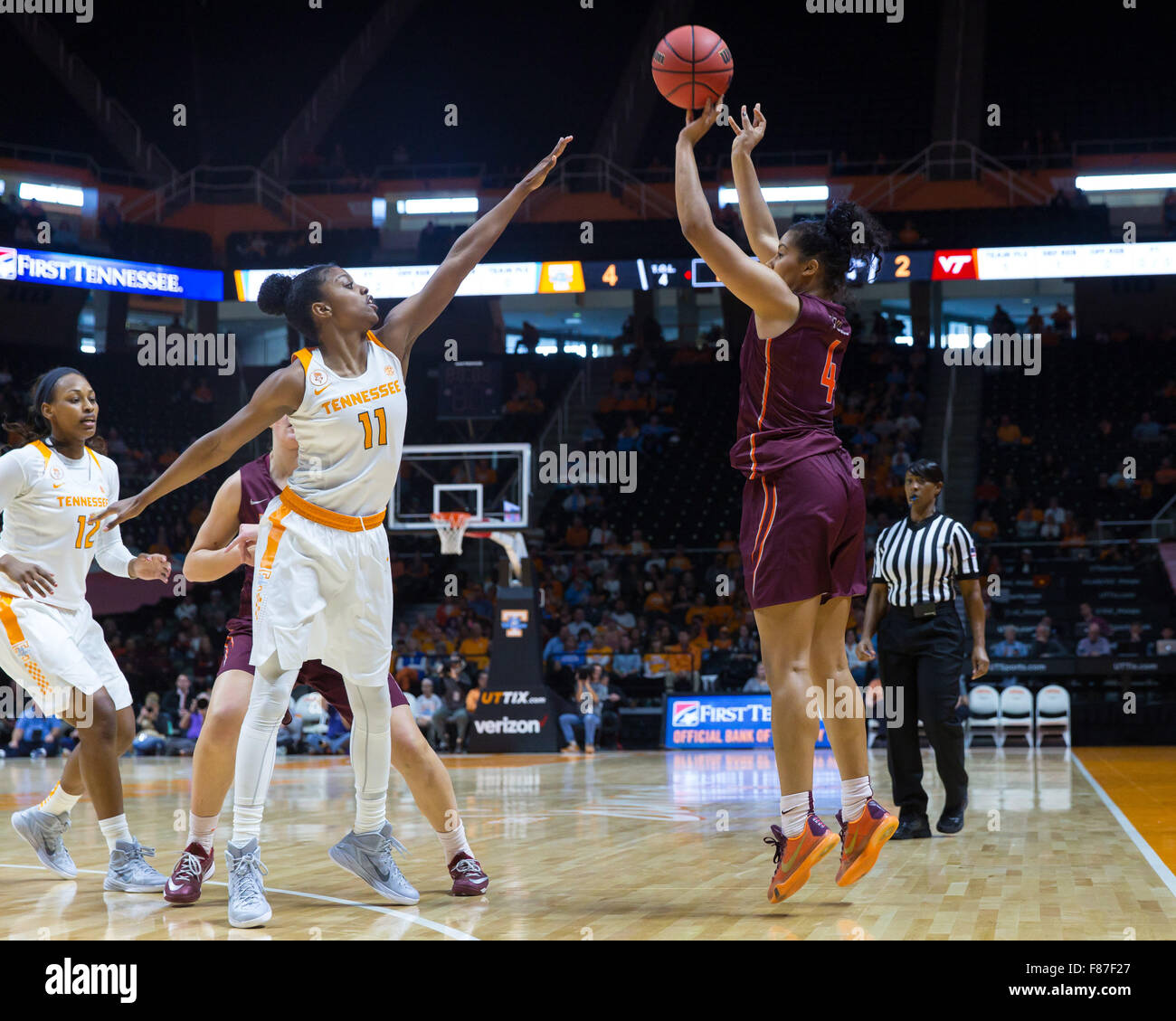 December 6, 2015: Hannah Young #4 of the Virginia Tech Hokies shoots the ball over Diamond DeShields #11 of the Tennessee Lady Volunteers during the NCAA basketball game between the University of Tennessee Lady Volunteers and the Virginia Tech Hokies at Thompson Boling Arena in Knoxville TN Tim Gangloff/CSM Stock Photo