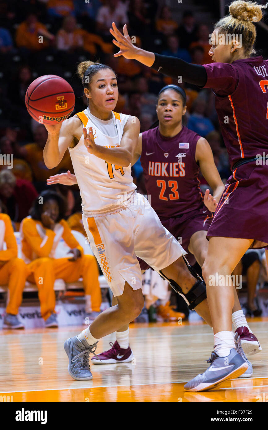 December 6, 2015: Andraya Carter #14 of the Tennessee Lady Volunteers passes the ball against Sidney Cook #2 of the Virginia Tech Hokies during the NCAA basketball game between the University of Tennessee Lady Volunteers and the Virginia Tech Hokies at Thompson Boling Arena in Knoxville TN Tim Gangloff/CSM Stock Photo
