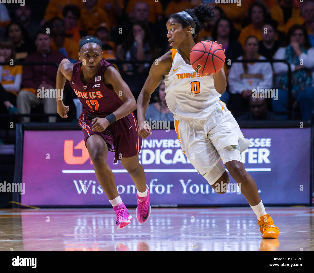 December 6, 2015: Jordan Reynolds #0 of the Tennessee Lady Volunteers brings the ball up court while Chanette Hicks #12 of the Virginia Tech Hokies pursues during the NCAA basketball game between the University of Tennessee Lady Volunteers and the Virginia Tech Hokies at Thompson Boling Arena in Knoxville TN Tim Gangloff/CSM Stock Photo