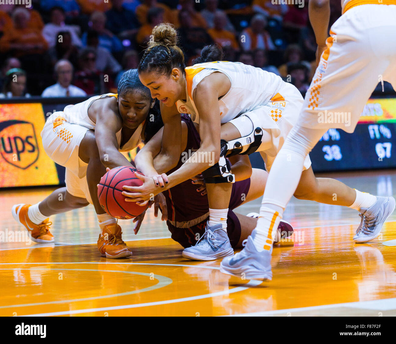 December 6, 2015: Andraya Carter #14 of the Tennessee Lady Volunteers fights for a loose ball during the NCAA basketball game between the University of Tennessee Lady Volunteers and the Virginia Tech Hokies at Thompson Boling Arena in Knoxville TN Tim Gangloff/CSM Stock Photo