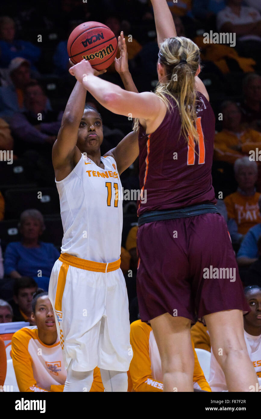 December 6, 2015: Diamond DeShields #11 of the Tennessee Lady Volunteers shoots the ball over Regan Magarity #11 of the Virginia Tech Hokies during the NCAA basketball game between the University of Tennessee Lady Volunteers and the Virginia Tech Hokies at Thompson Boling Arena in Knoxville TN Tim Gangloff/CSM Stock Photo