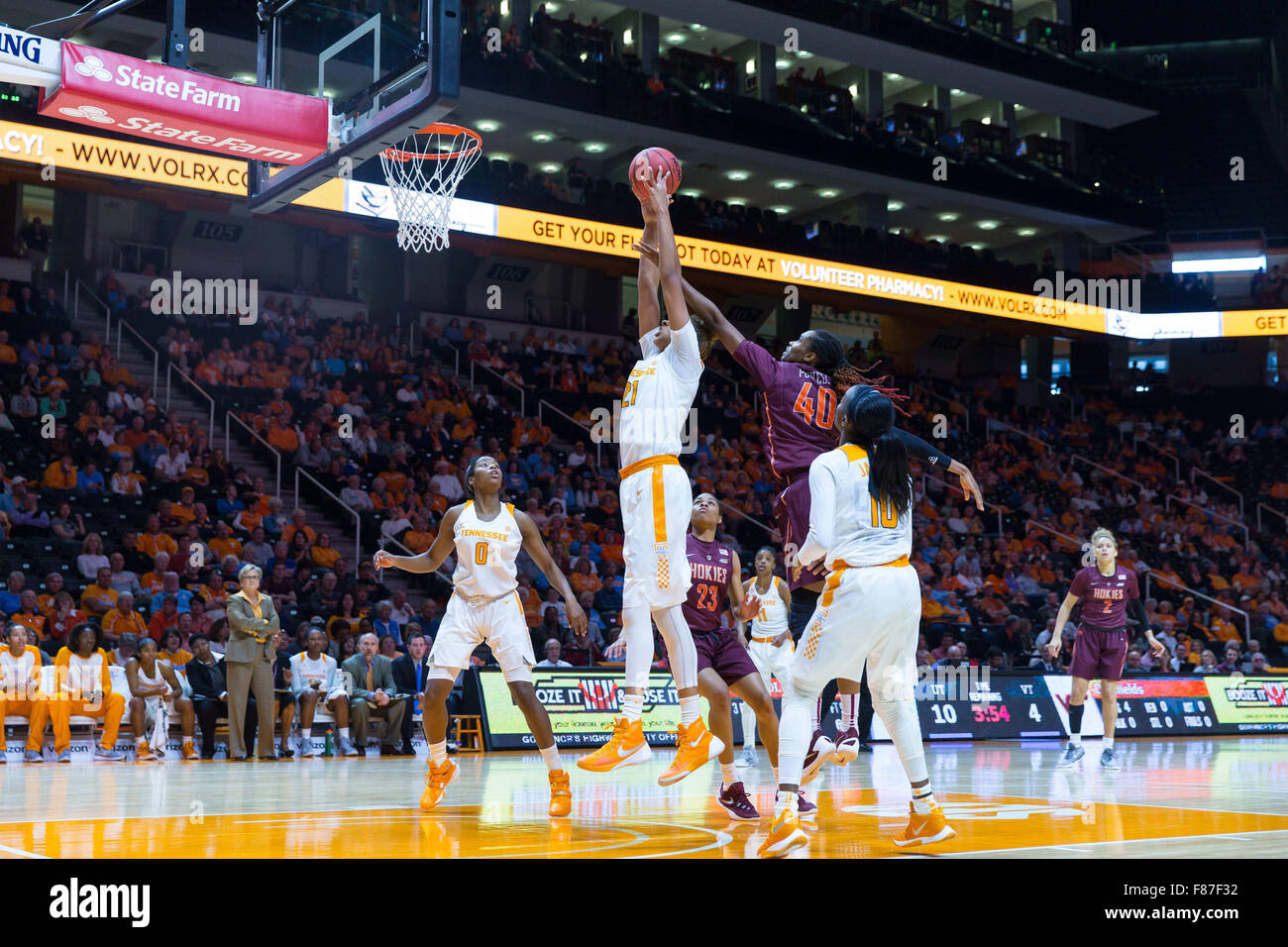 December 6, 2015: Mercedes Russell #21 of the Tennessee Lady Volunteers grabs the rebound from Dominique Powell #40 of the Virginia Tech Hokies during the NCAA basketball game between the University of Tennessee Lady Volunteers and the Virginia Tech Hokies at Thompson Boling Arena in Knoxville TN Tim Gangloff/CSM Stock Photo