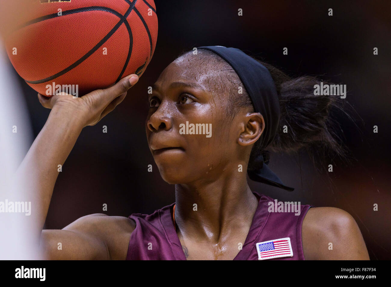 December 6, 2015: Chanette Hicks #12 of the Virginia Tech Hokies shoots a free throw during the NCAA basketball game between the University of Tennessee Lady Volunteers and the Virginia Tech Hokies at Thompson Boling Arena in Knoxville TN Tim Gangloff/CSM Stock Photo
