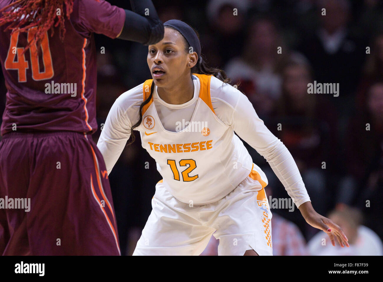 December 6, 2015: Bashaara Graves #12 of the Tennessee Lady Volunteers defends during the NCAA basketball game between the University of Tennessee Lady Volunteers and the Virginia Tech Hokies at Thompson Boling Arena in Knoxville TN Tim Gangloff/CSM Stock Photo