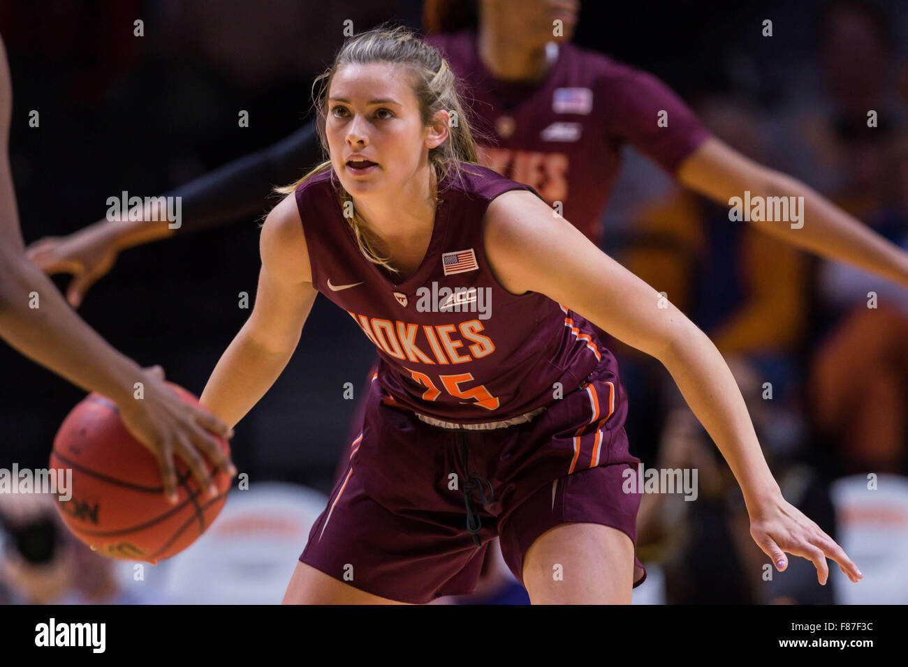December 6, 2015: Samantha Hill #25 of the Virginia Tech Hokies defends during the NCAA basketball game between the University of Tennessee Lady Volunteers and the Virginia Tech Hokies at Thompson Boling Arena in Knoxville TN Tim Gangloff/CSM Stock Photo