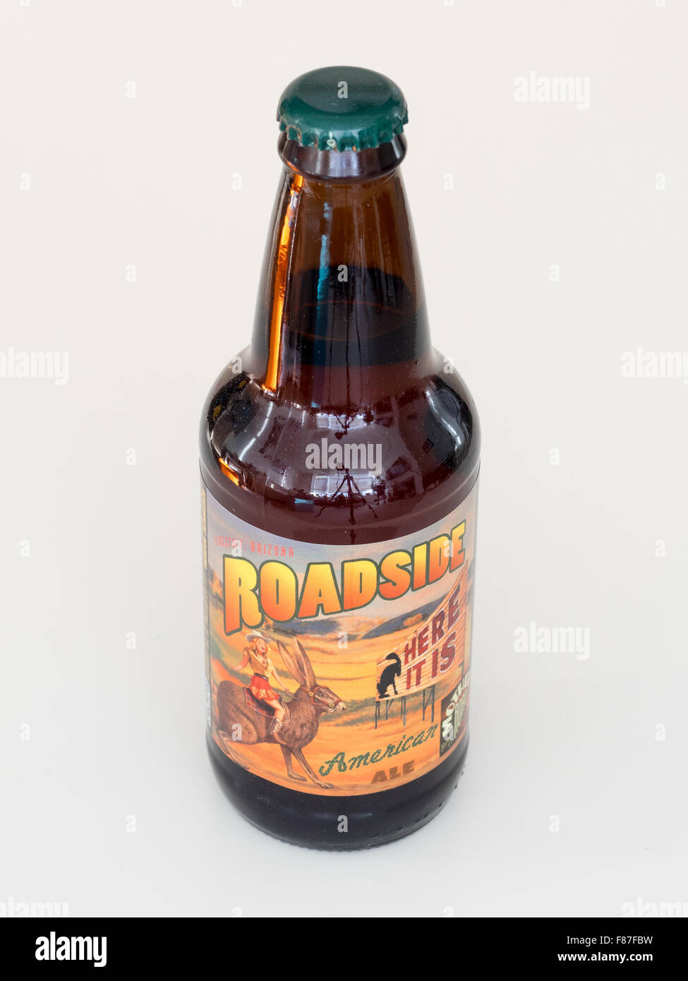 A bottle of Roadside American Ale, produced by the Mother Road Brewing Company of Flagstaff, Arizona. Stock Photo