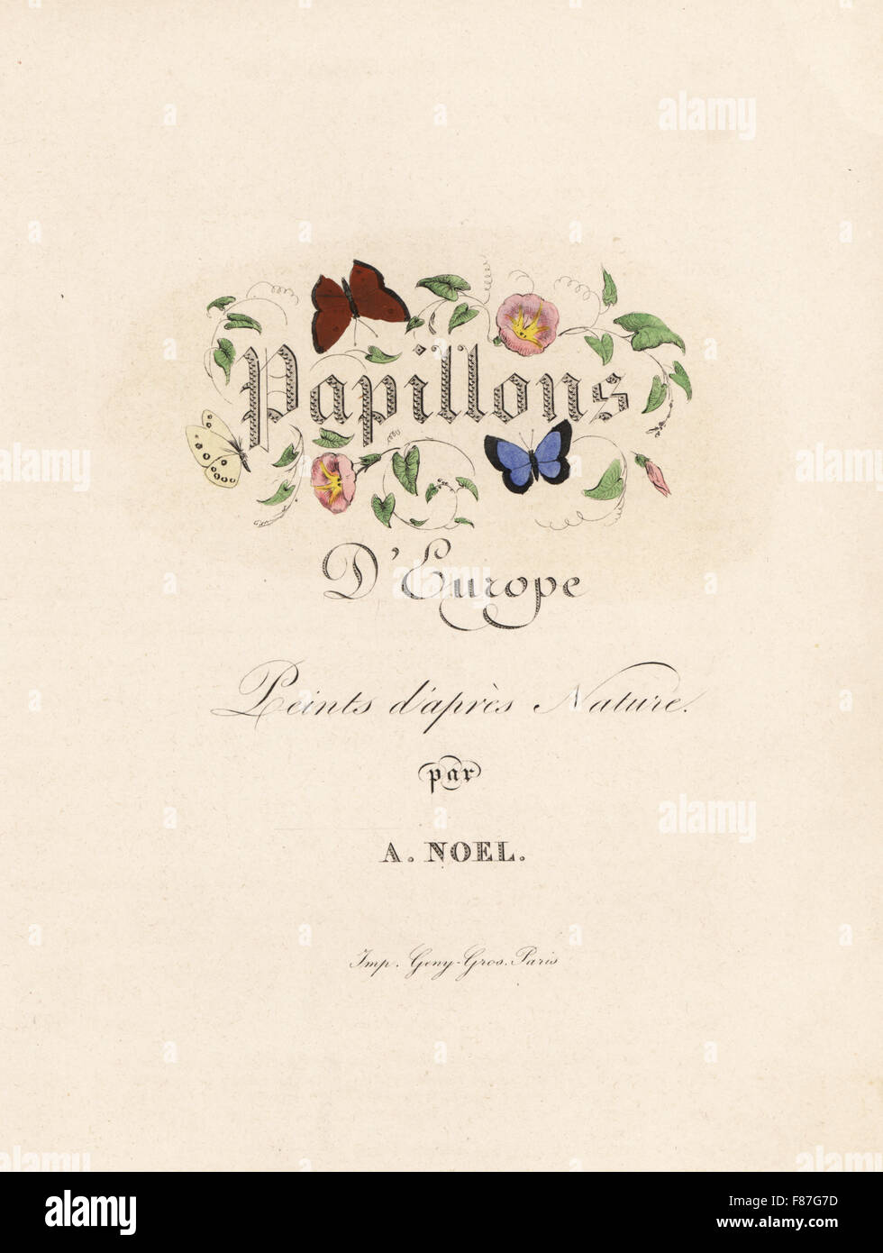 Title page with decorative calligraphy among flowers and butterflies. Handcoloured steel engraving by the Pauquet brothers after an illustration by Alexis Nicolas Noel from Hippolyte Lucas' Natural History of European Butterflies, Histoire Naturelle des Lepidopteres d'Europe, 1864. Stock Photo