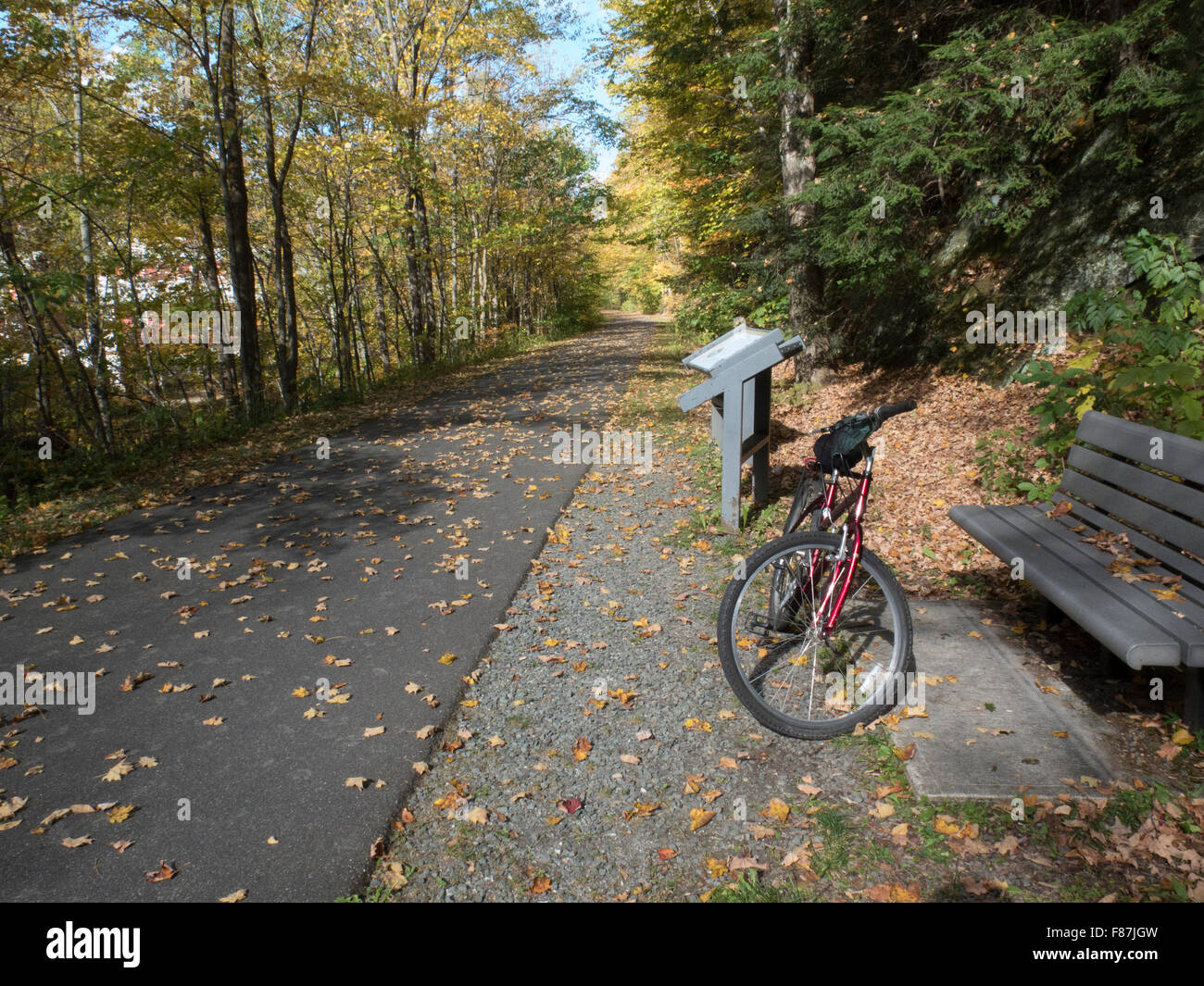 A resting spot along the Ashuwillticook Rail Trail in Adams, Massachusetts, during fall foliage season. Stock Photo
