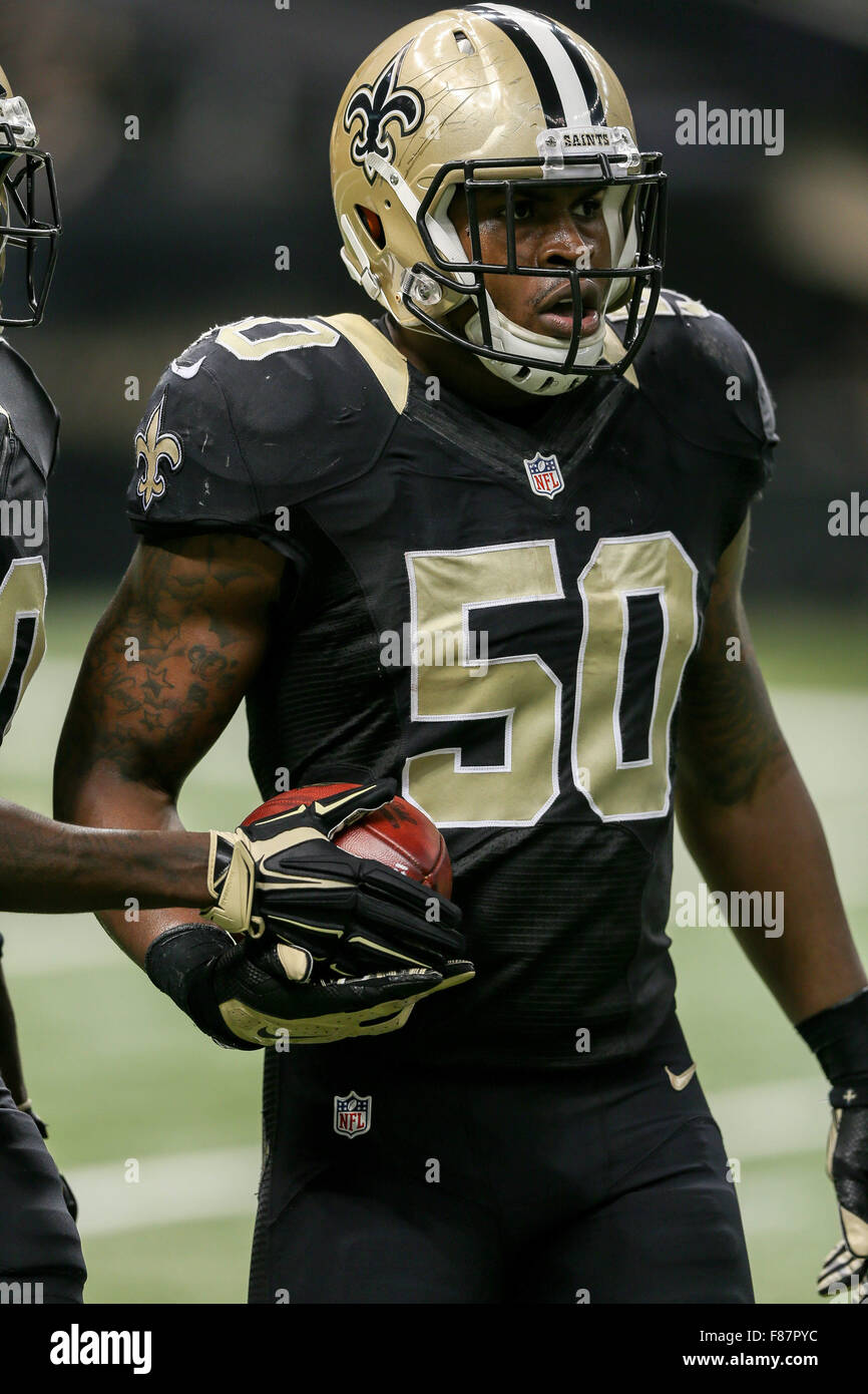 New Orleans, Louisiana, USA. 6th December, 2015. New Orleans Saints middle linebacker Stephone Anthony (50) strips the ball and runs it into the endzone for a touchdown during the game between the New Orleans Saints and the Atlanta Falcons at the Mercedes-Benz Superdome in New Orleans, LA. Carolina Panthers defeated New Orleans Saints 41-38. Credit:  Cal Sport Media/Alamy Live News Stock Photo