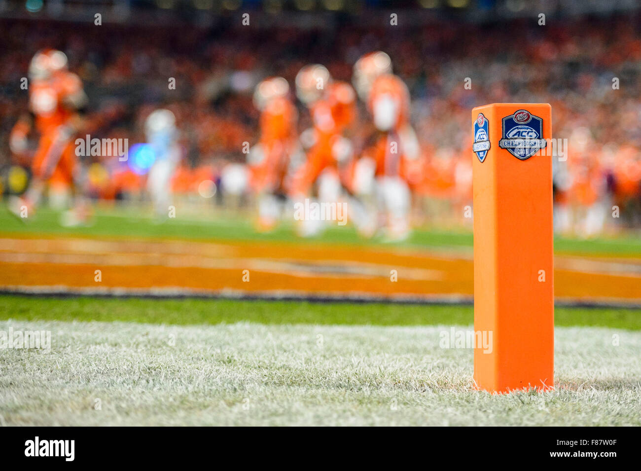The pylon in the end zone with the ACC Championship logo during the ACC