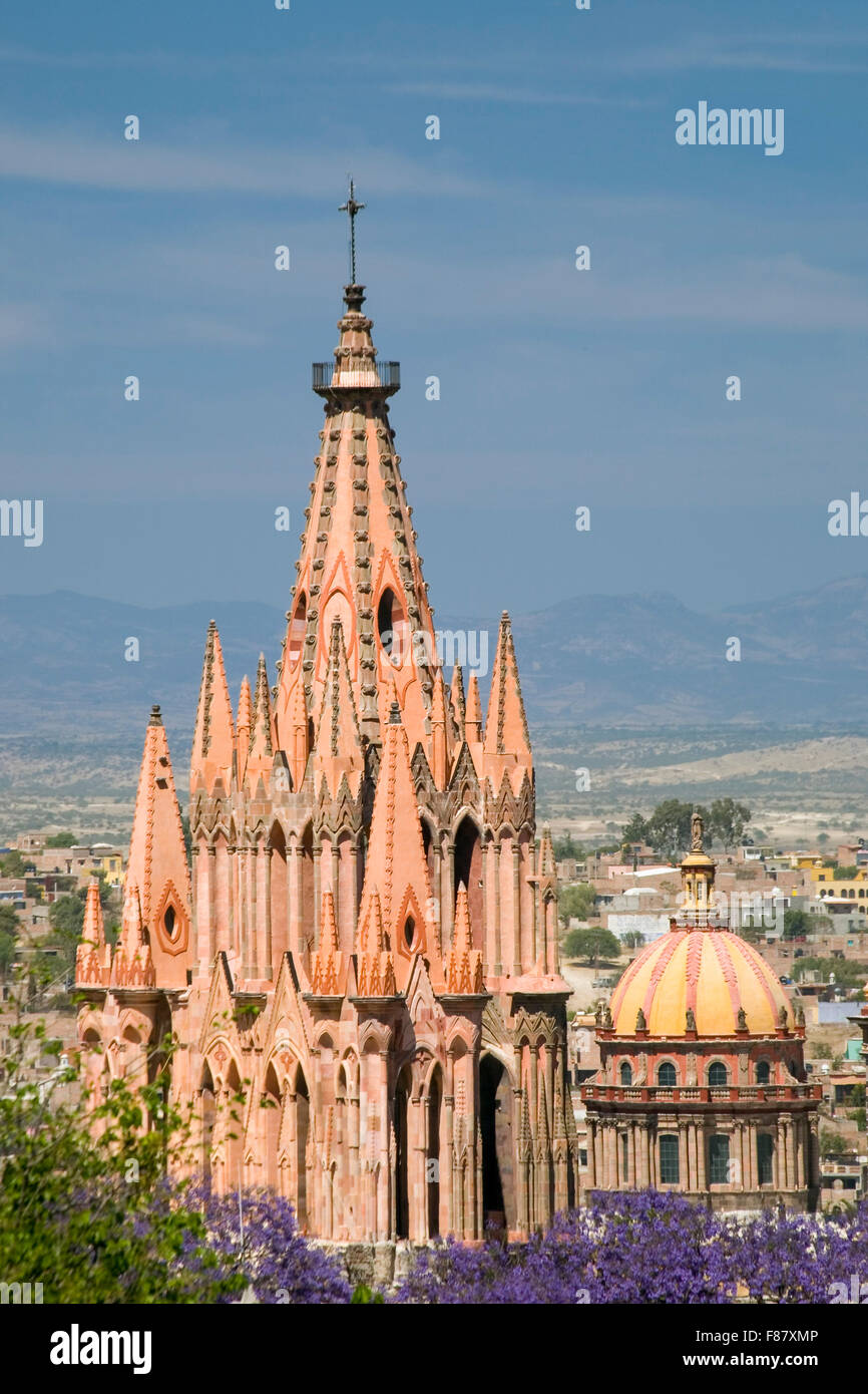 The neo gothic church of San Miguel Archangel towers over the town of San Miguel de Allende in Mexico. Stock Photo