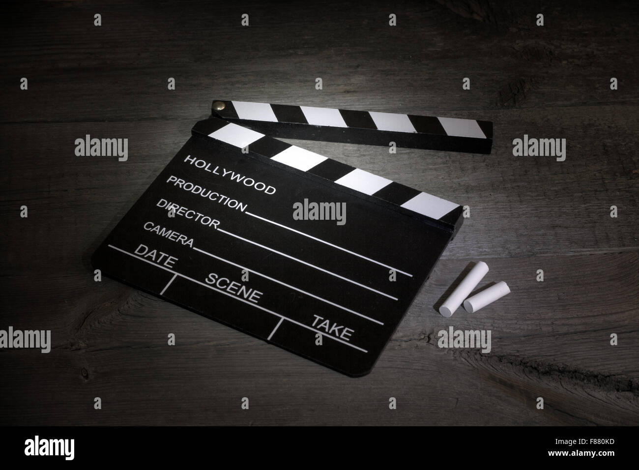 Movie clapper on vintage boards cinematography abstract sign Stock Photo