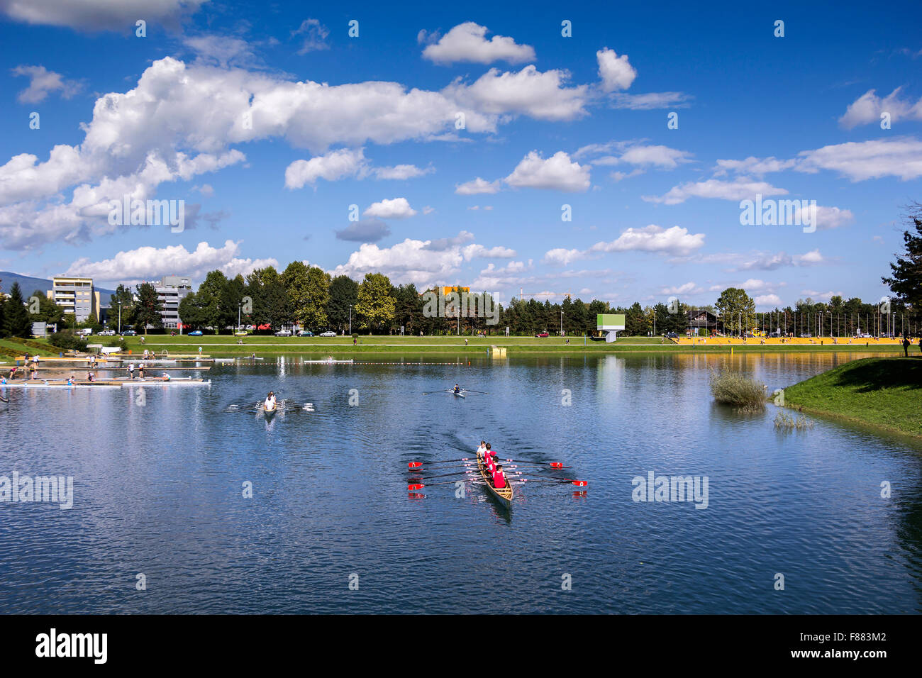 Young pepole training rowing on the lake Jarun in Zagreb, Croatia Stock Photo